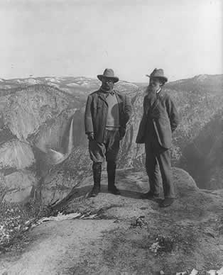 Theodore Roosevelt and John Muir on Glacier Point, Yosemite Valley, California.