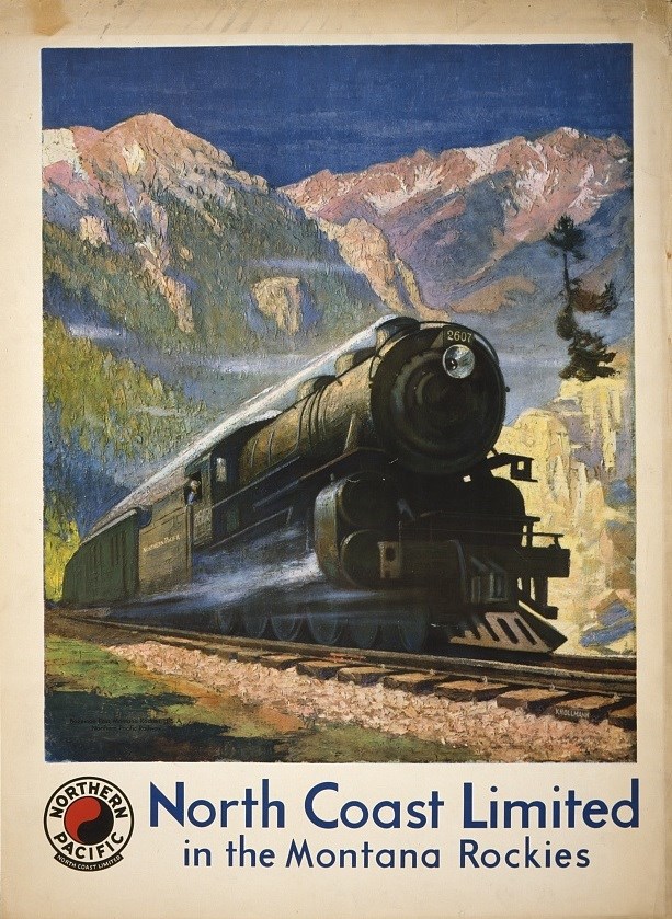 Travel poster with a train going through mountains.