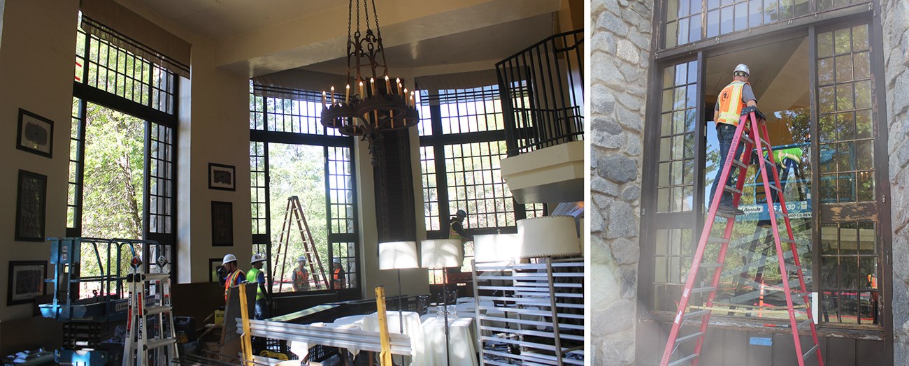 Left image: Solarium glass replacement and window restoration; Right image: Removal of solarium's non-tempered glass.