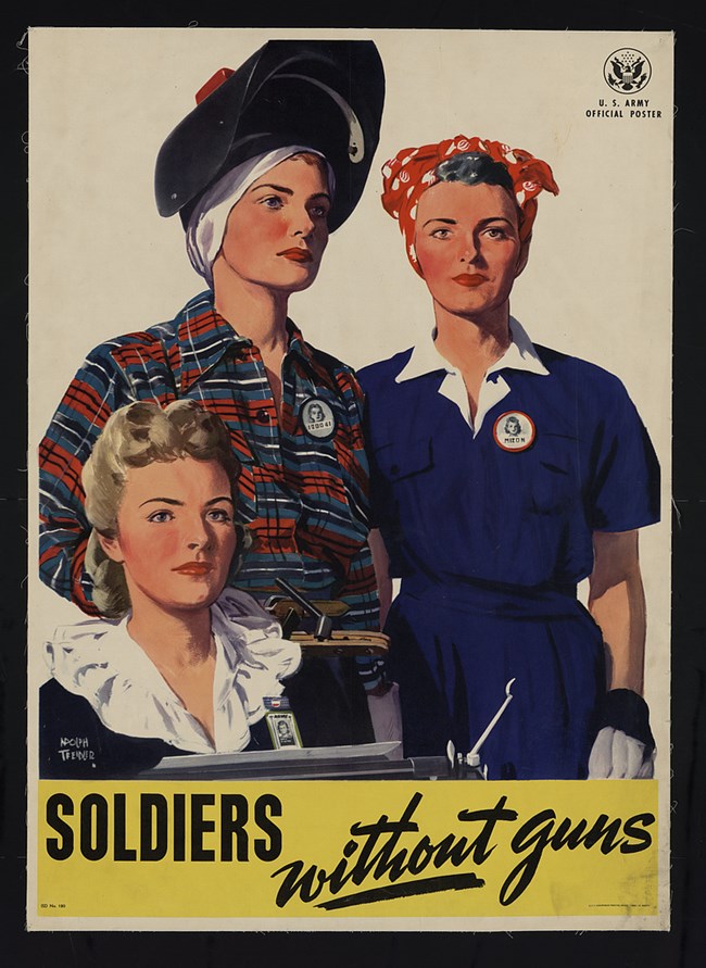 Color poster with three white women, one in coveralls, one in a welder's helmet and one with a typewriter