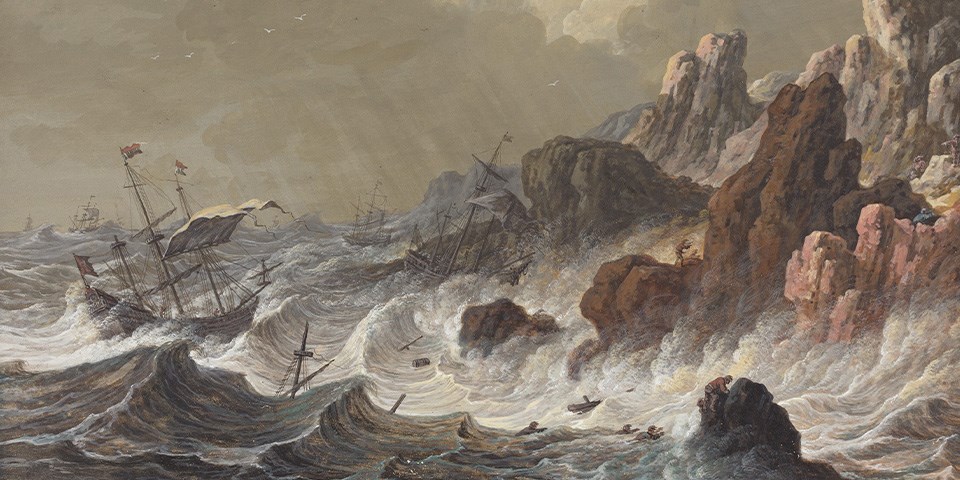 Ship caught in a storm at sea, crashing into a rocky coastline.