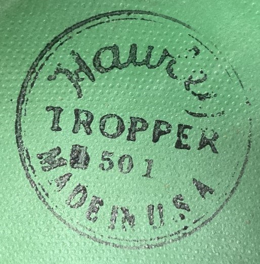 Hawley Tropper stamp Stamp on a green background that reads Hawley Tropper 1501 Made in USA