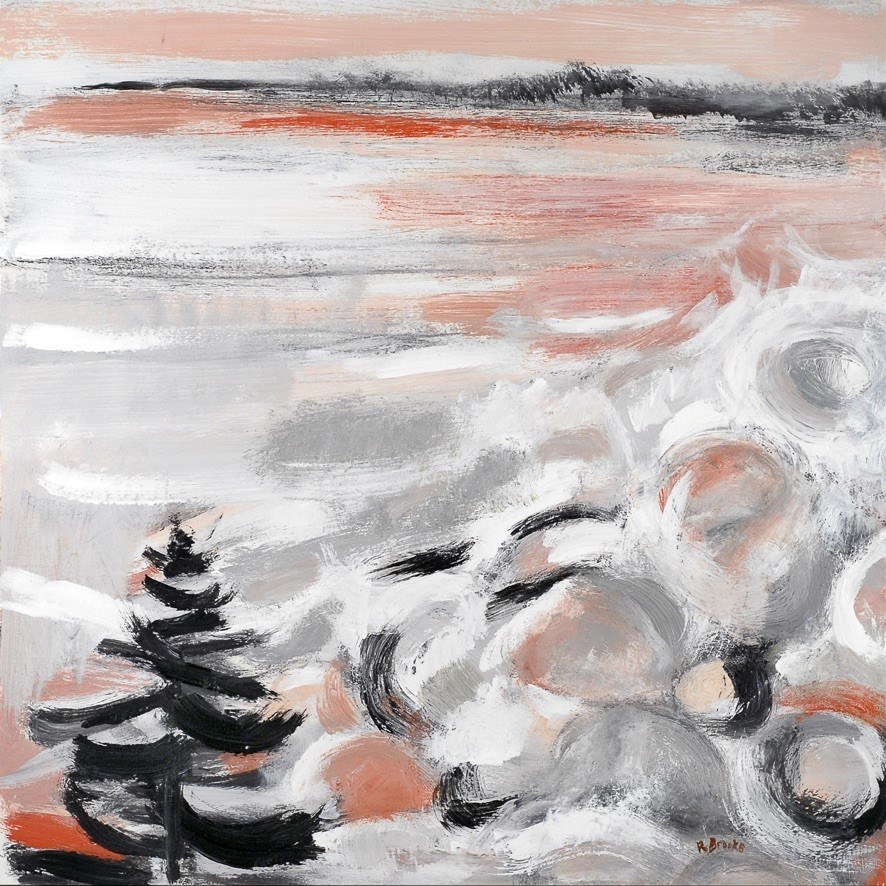 Abstract acrylic painting of shoreline in broad strokes of black, white, gray, and red