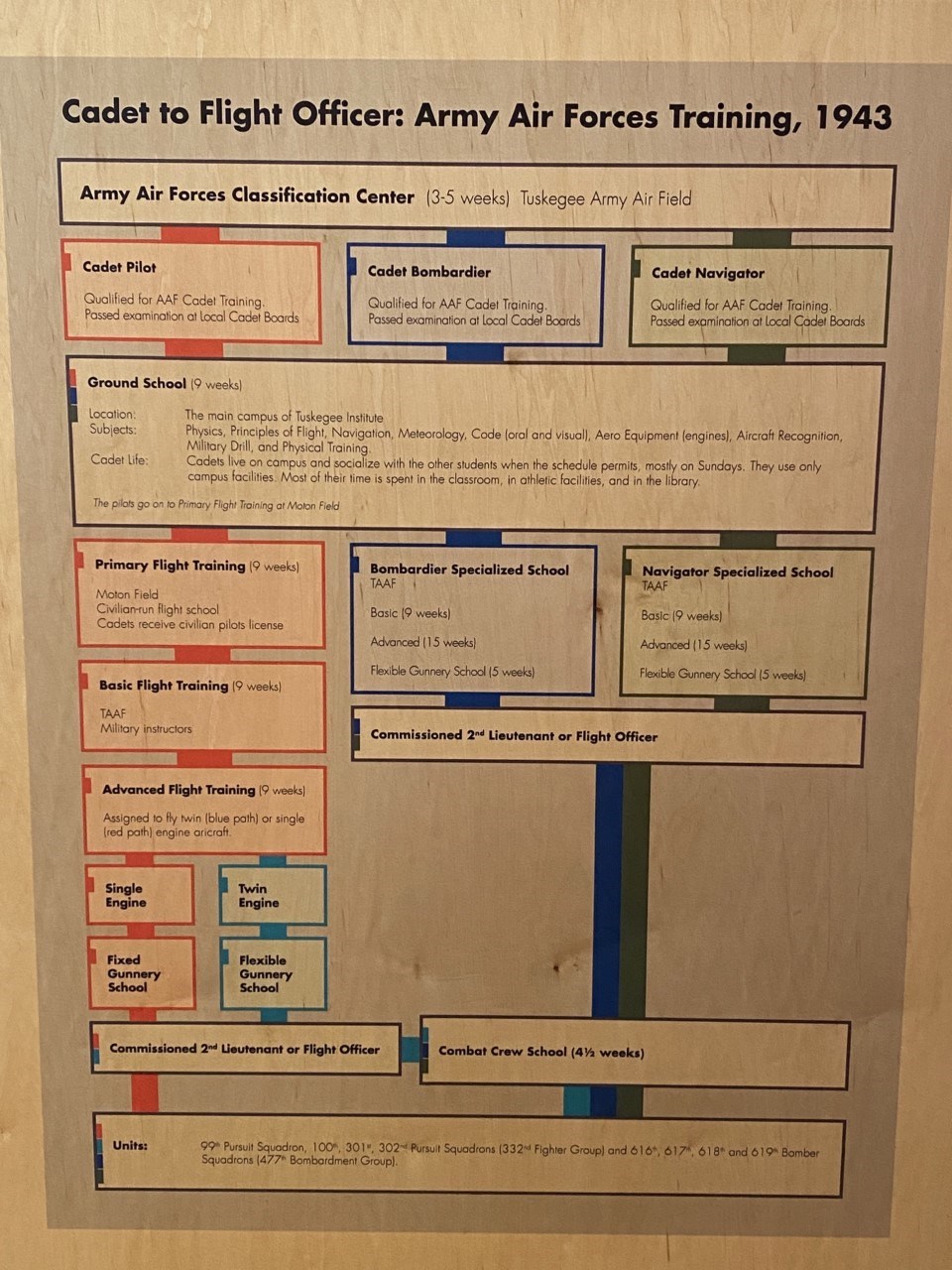Process of training: “Cadet to Flight Officer: Army Air Forces Training, 1943” Poster of Cadet to Flight: Army Air Forces Training, 1943. There are boxes with directions and structure of the trainings.