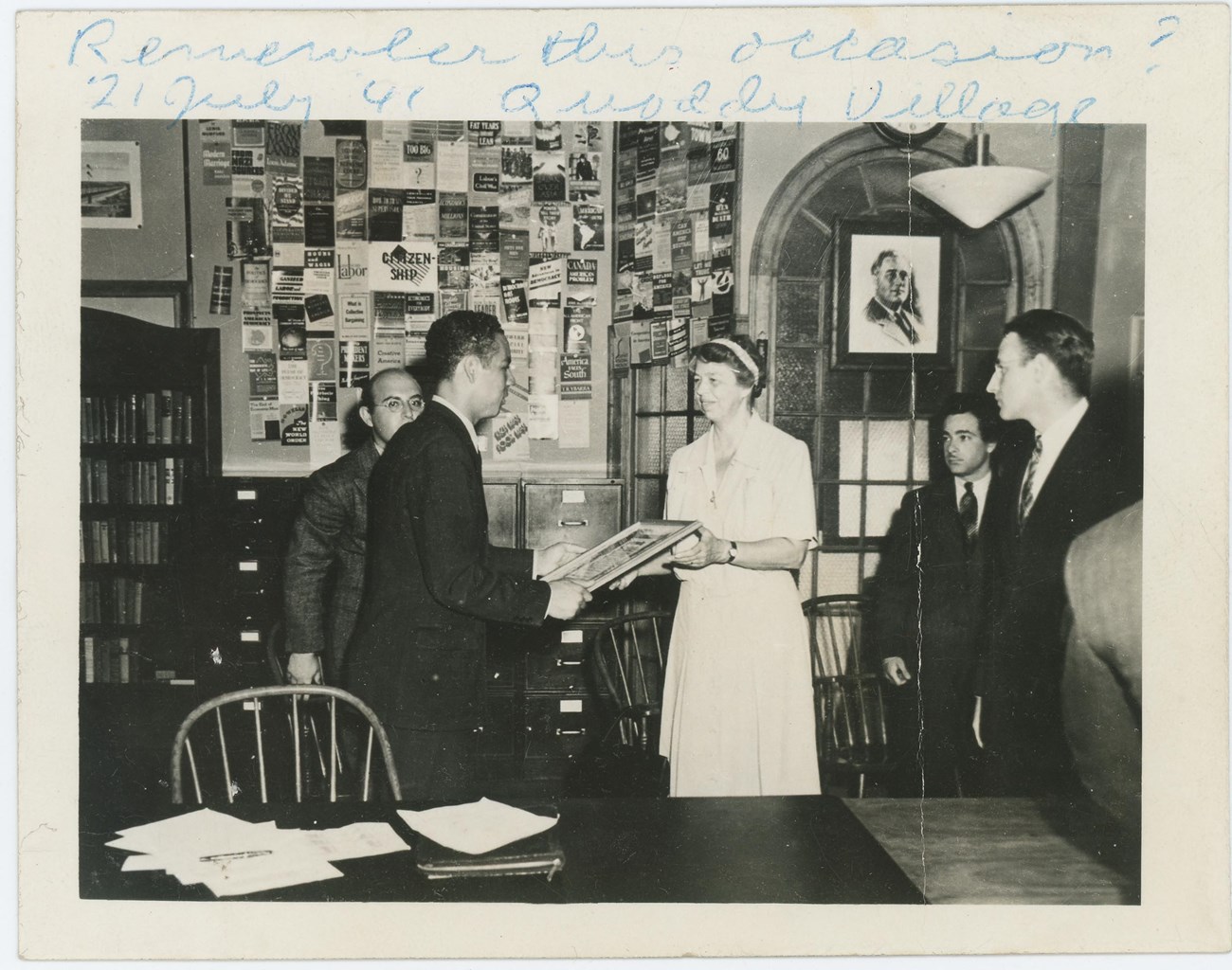 Cecil Peterson and Eleanor Roosevelt’s first meeting; Quoddy Village, July 21, 1941 Cecil Peterson and Eleanor Roosevelt’s first meeting. Eleanor is handing Cecil a picture frame.