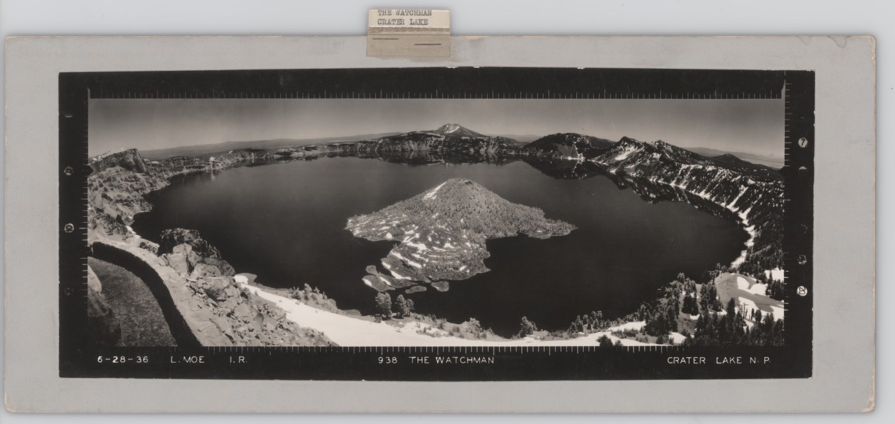 Panoramic photo from Watchman Tower featuring Crater Lake