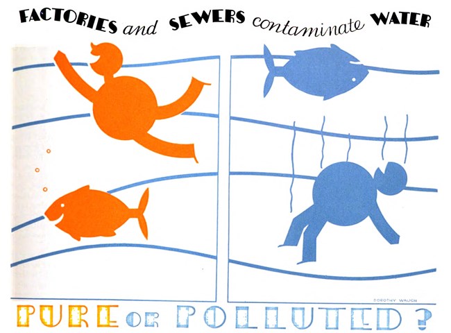 Pure or Pulluted? Drawing comparing healthy water, fish and human vs polluted water, dead fish and human