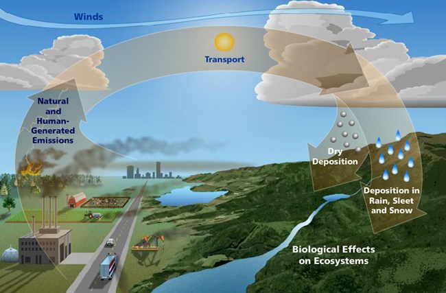 lt= graphic that shows acid deposition cycle. Stages are: Natural and human-generated emissions, winds, transport, wet or dry deposition, biological effects on ecosystem.