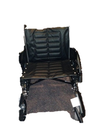 a wheelchair with blue cushions