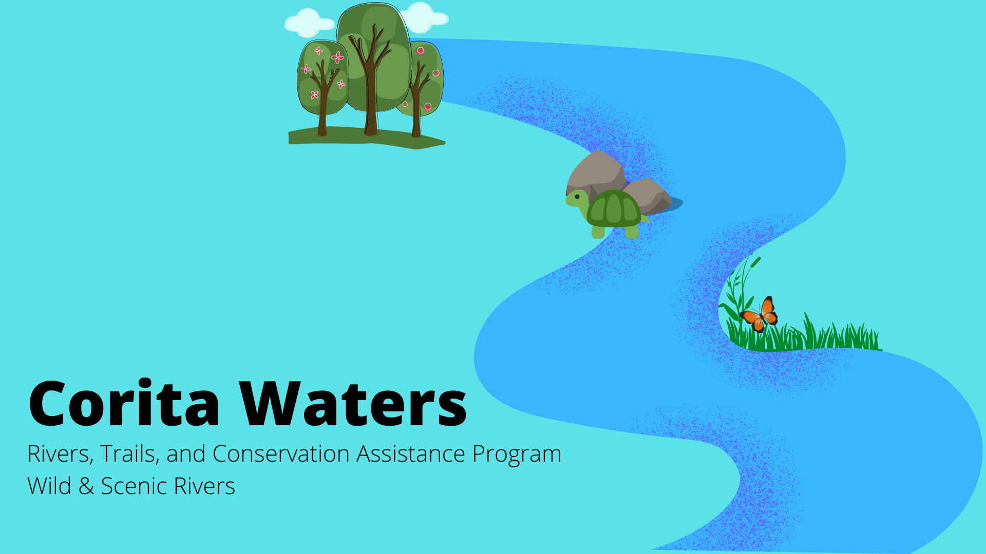 digital illustration of river with trees, rocks, turtle, grass, butterfly and text Corita Waters, Rivers, Trails, and Conservation Assistance Program, Wild and Scenic Rivers