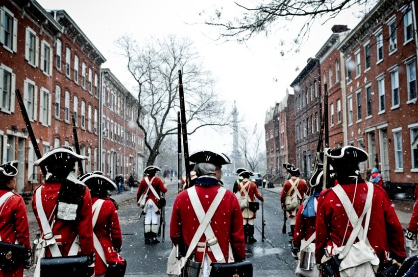 About a dozen troops in Redcoat uniforms in formation holding muskets upward. They stand on paved road with light snow falling. Brick rowhouses with white trim and bare trees line both sides of the road. In center background, a large columnar monument.