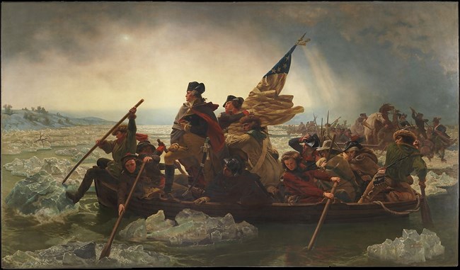 Oil painting depicting crossing of troops in small vessel across semi-frozen river. Several men row while general in powerful stance looks ahead from helm. Two men hoist large American flag behind him.