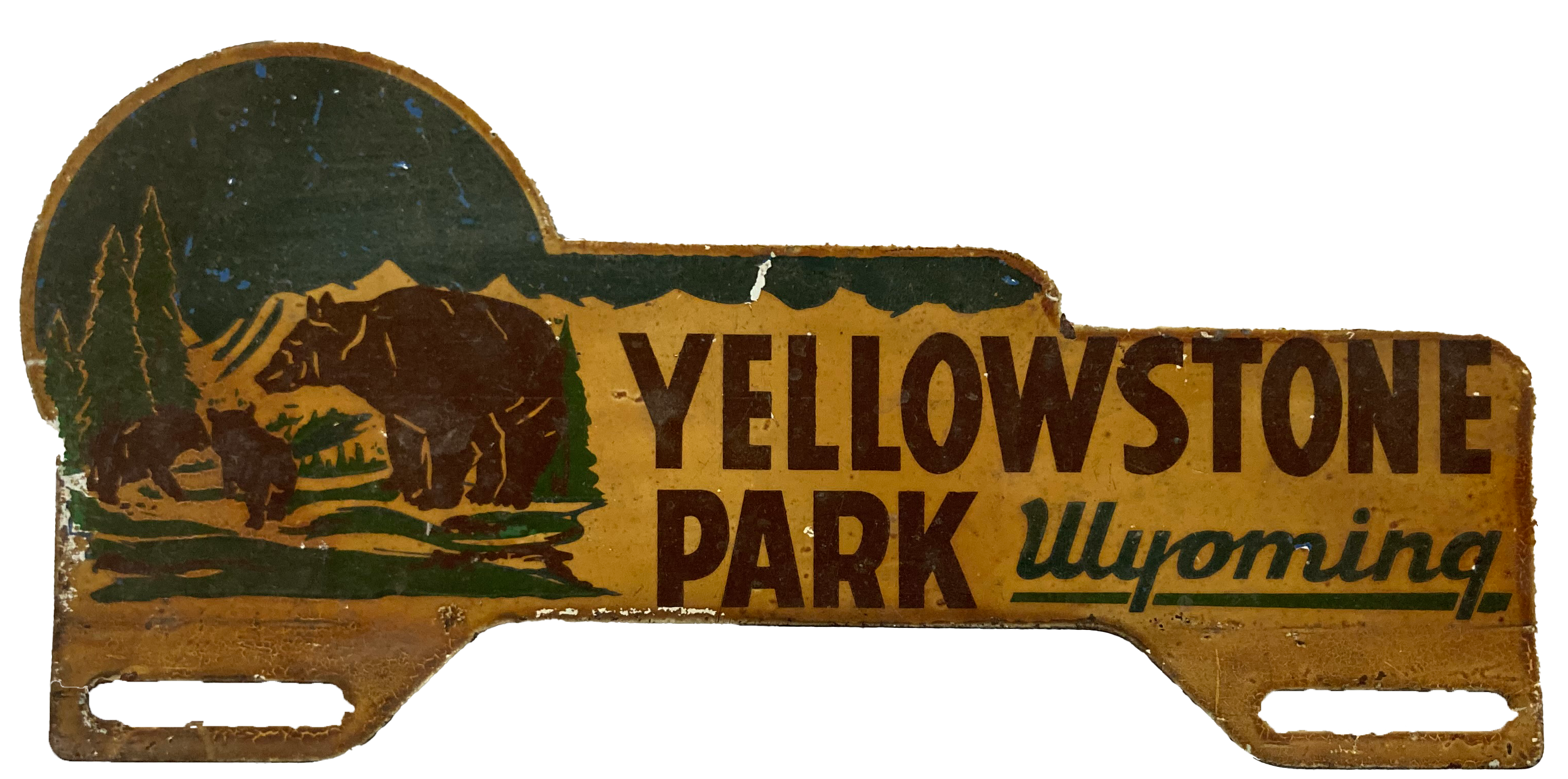 metal plate painted with bear scene and Yellowstone Park