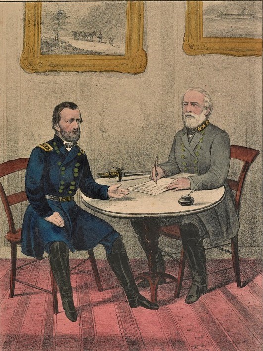 Color lithograph of Ulysses. S. Grant and Robert E. Lee at Appomattox