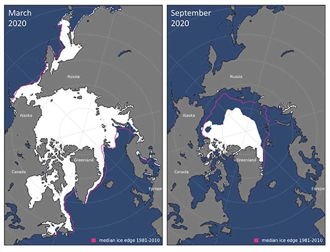 Comparison of sea ice extent for March and September 2020.