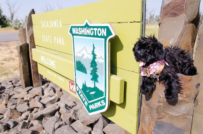 toy dog near Sacajawea State Park sign