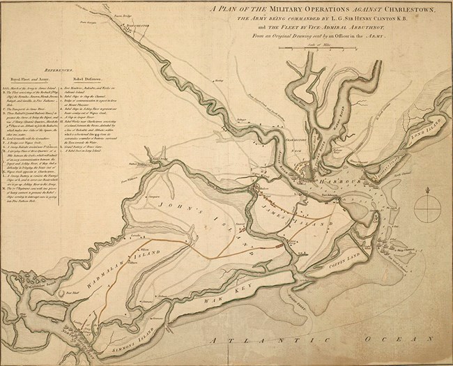 1780 British Operations against Charlestown Map of the British plan of attack on Charleston, showing American defenses and British ships and forces
