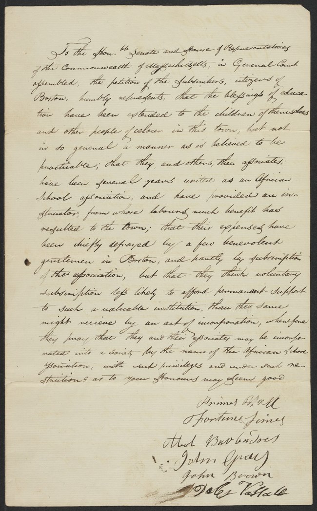 1812 Darby Vassall Petition Manuscript showing several signatures, including Darby Vassall's