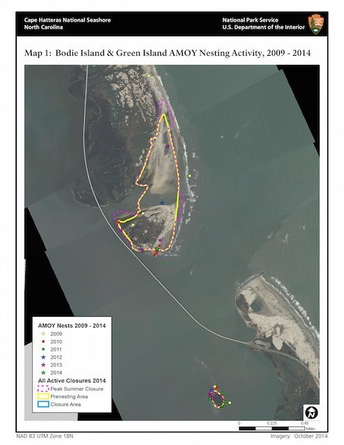 Map 1: Bodie Island and Green Island American Oystercatcher Nesting Activity 2009–2014