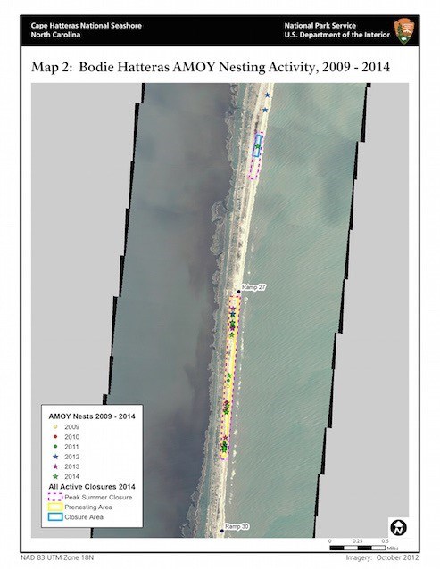 Map 2: Bodie/Hatteras American Oystercatcher Nesting Activity 2009–2014