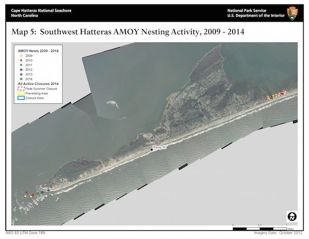 Map 5: Southwest Hatteras American Oystercatcher Nesting Activity 2009–2014