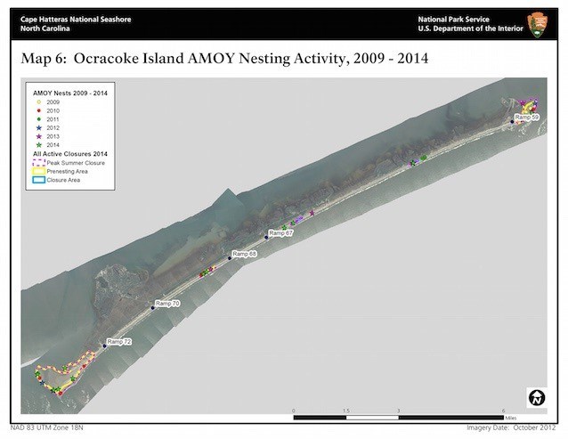 Map 6: Ocracoke Island American Oystercatcher Nesting Activity 2009–2014