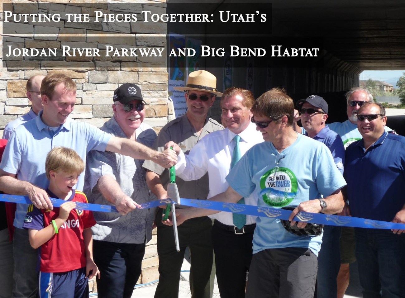 Cover image showing the West Jordan City trail ribbon cutting event. Title reads "Putting the Pieces Together: Utah's Jordan River Parkway and Big Bend Habitat."