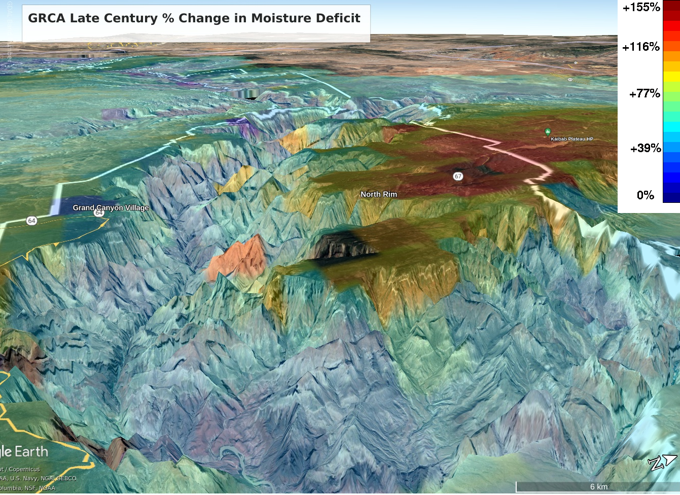 Three-dimensional map of Grand Canyon National Park illustrates change in moisture deficit, relative to the park topography. The North Rim and Kaibab Plateau have the greatest percent change in moisture deficit, ranging from about an 80% to 155% increase