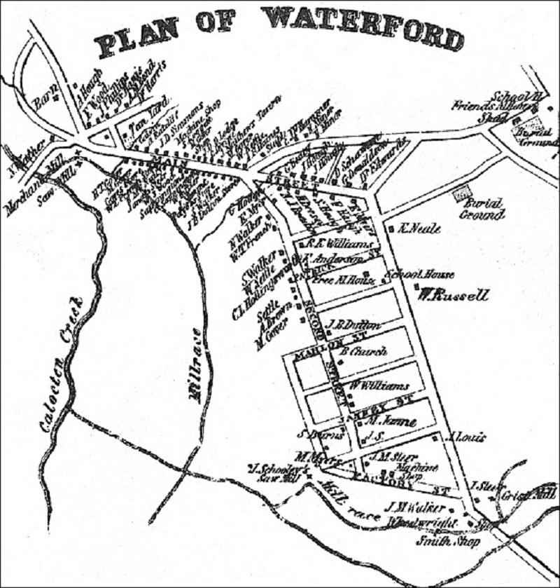 Drawing of the streets and names of property owners in Waterford, 1853.