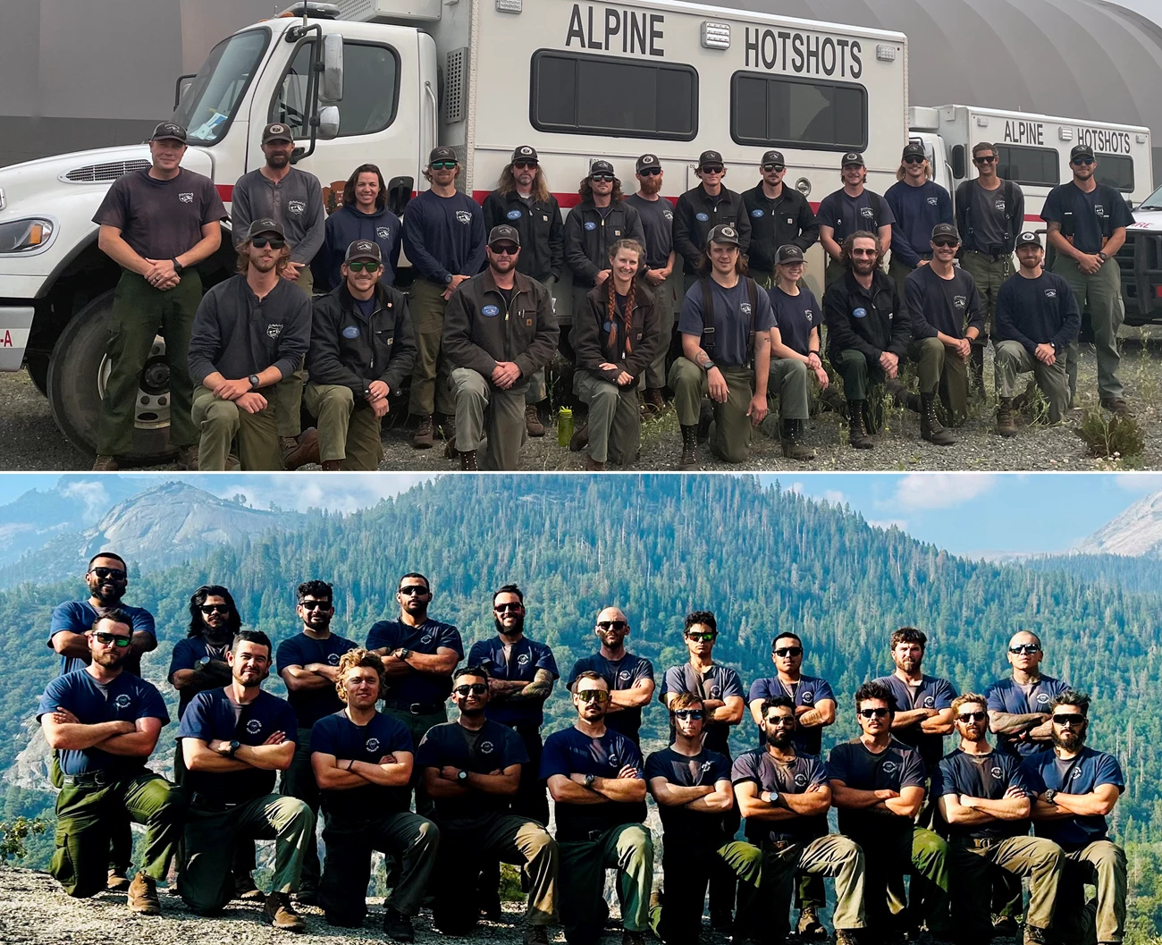 Alpine and Arrowhead hotshots 2023 Top: group of men and women that make up the Alpine Hotshots; bottom: group of men that make up the Arrowhead Hotshots.
