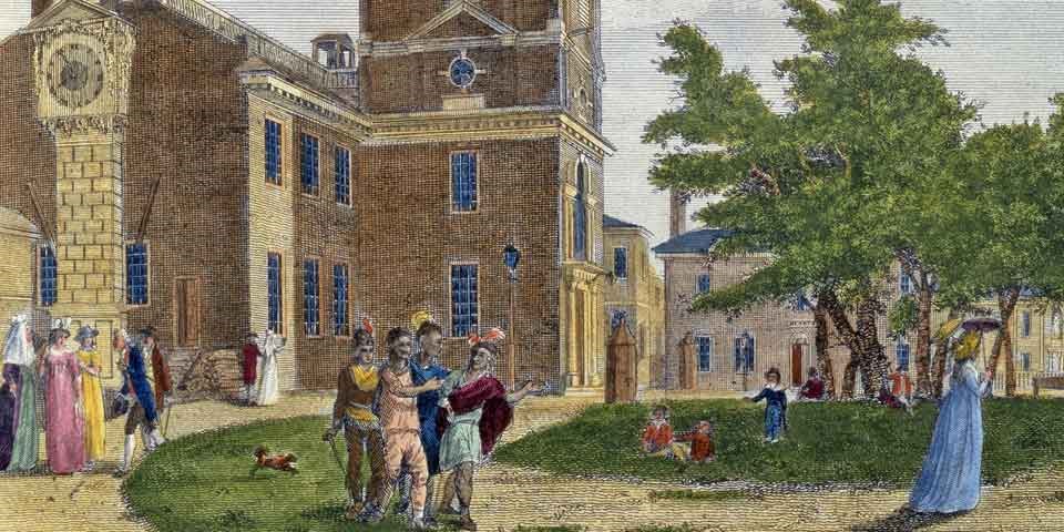 Color image of an engraving showing the Pennsylvania State House with people strolling in the foreground.