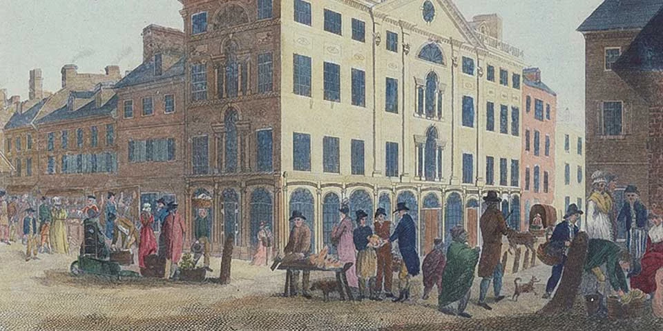 Detail, color engraving showing a city street scene from 1800. Detail, color engraving showing a city street scene from 1800.