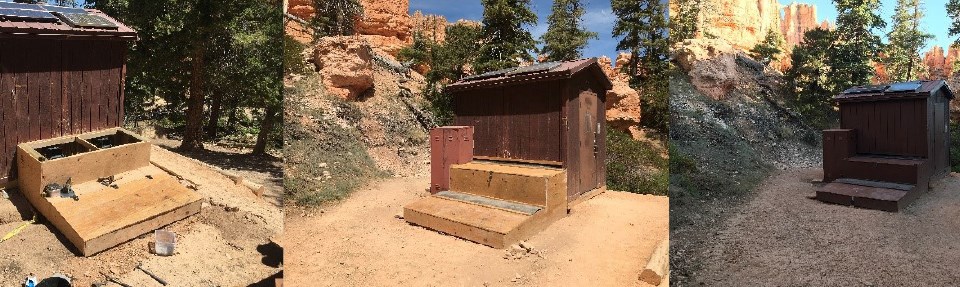 Three photos showing construction of wooden container box on side of brown vault toilet.