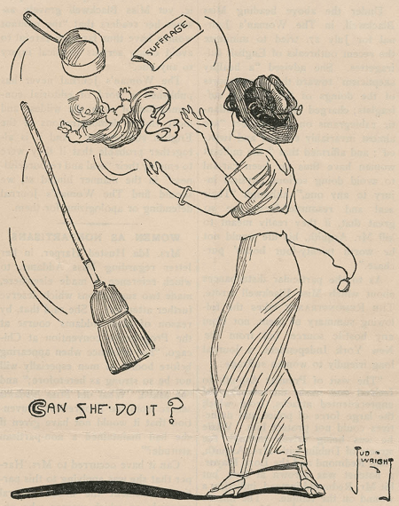 Cartoon of a woman juggling various items with print, "Can She Do it?"