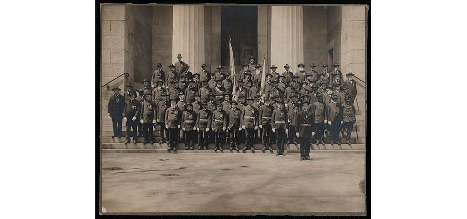 Grand Army of the Republic Post 1, standing outside New Bedford, Massachusetts City Hall.