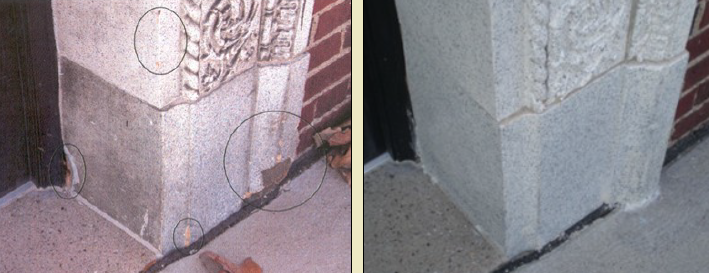 One image of damaged stone. The other of repaired stone.