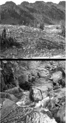 A photo of an alpine meadow above a photo of a rocky stream