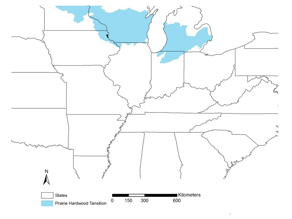 Map of Prairie Hardwoods Transition Bird Conservation Region