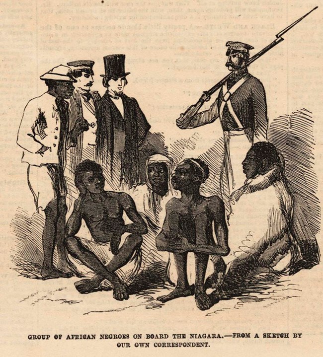 African survivors of the Echo voyage and whites aboard the USS Niagara. Sketch from Frank Leslie's Illustrated Newspaper.