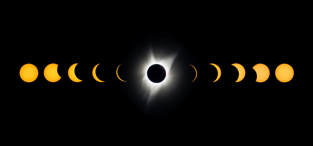Composite photo shows partial and total conditions during a total solar eclipse