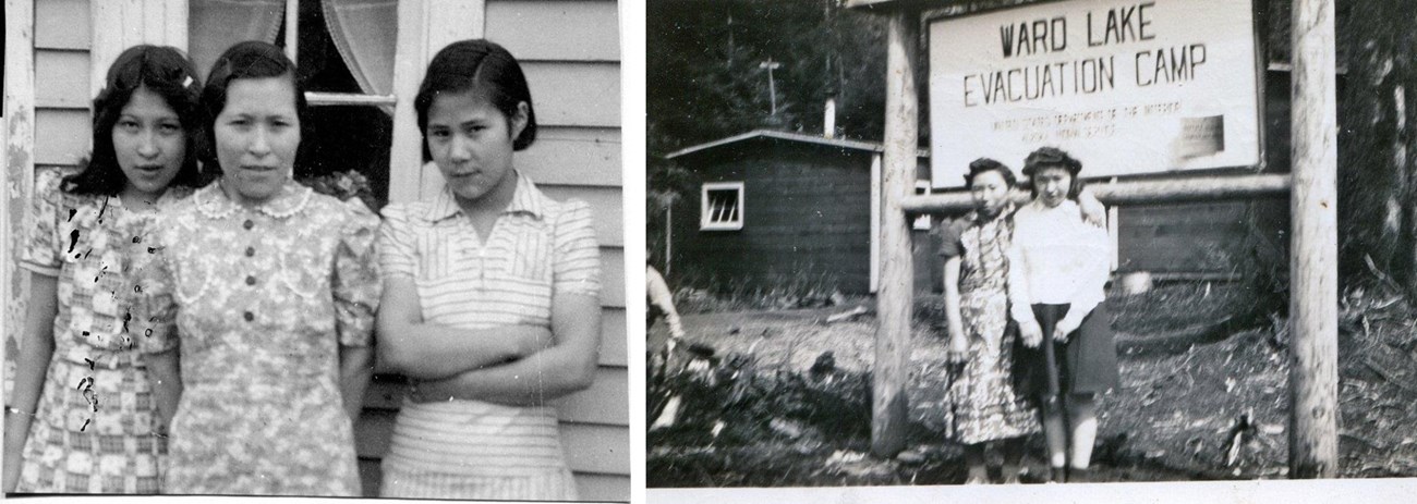 Two black and white photos: one of three young women in front of a window; the other of two women in front of a Ward Lake sign.