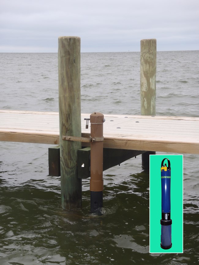 Dock with a sonde guard mounted to it. A picture of a sonde inset lower right.