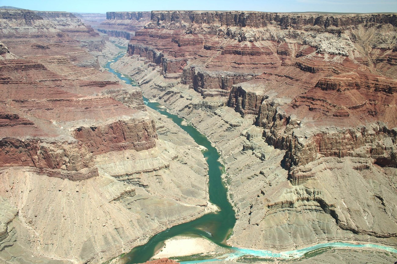 Colorado River Confluence Looking north up Marble Canyon at the confluence of the Colorado and Little Colorado Rivers, Grand Canyon National Park.
