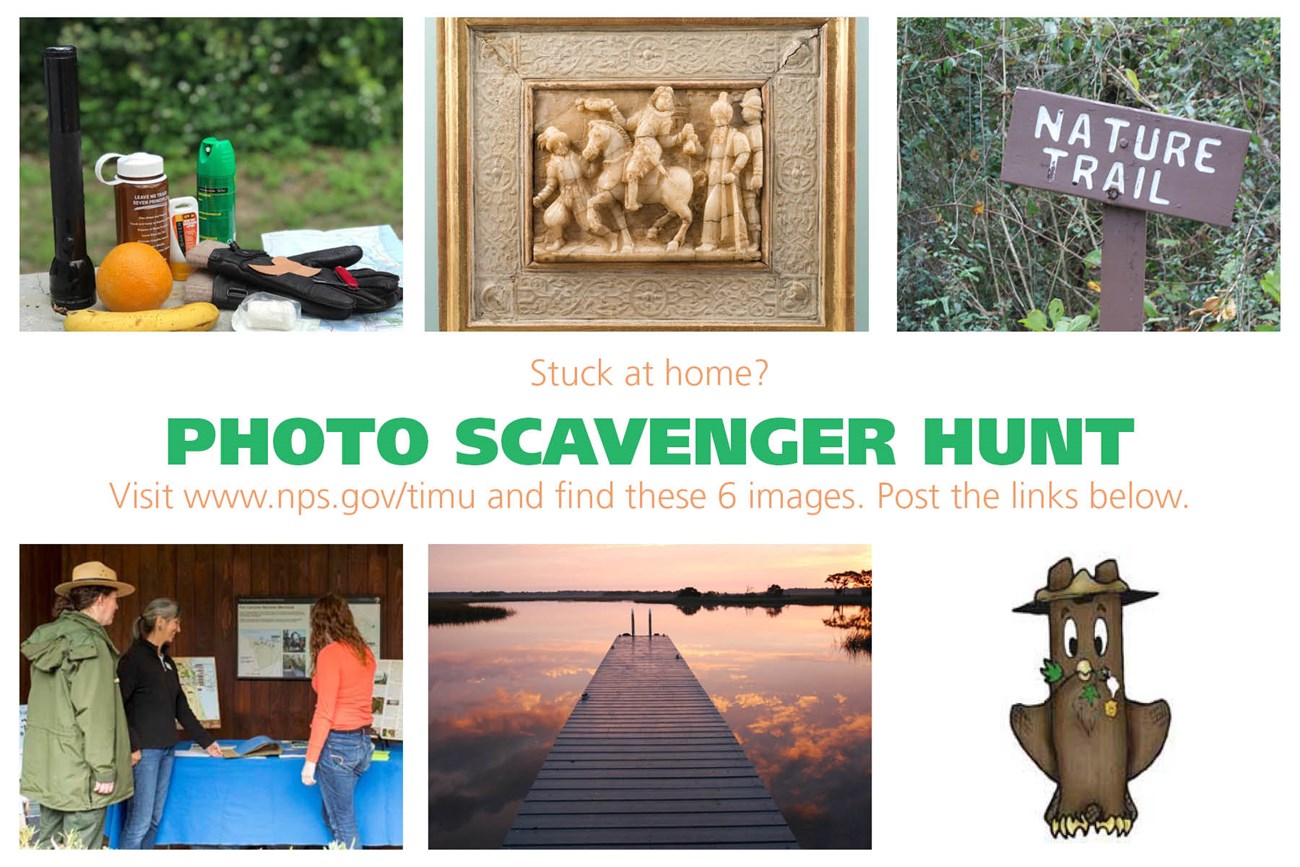Scavenger Hunt a selection of 6 photos 1 safety supplies 2 an alabaster carving 3 a nature trail sign 4 a ranger talking to people at a table 5 a dock with pink sky and 5 a cartoon owl in a ranger hat