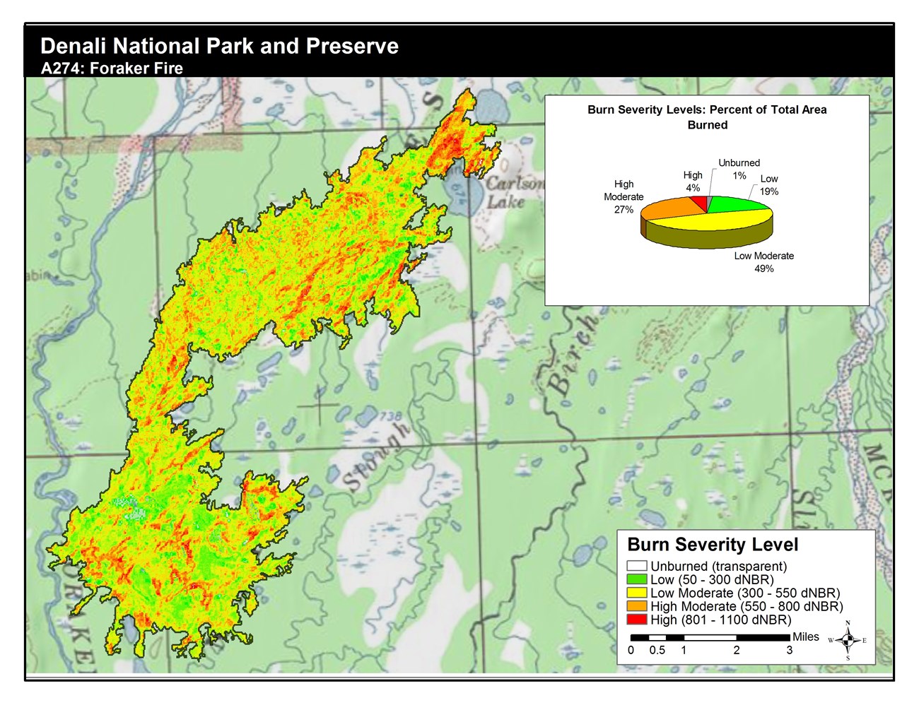 18,000 Acre Foraker Fire A mostly green map showing burn severity levels with the majority of the map either in the low range or low moderate range.