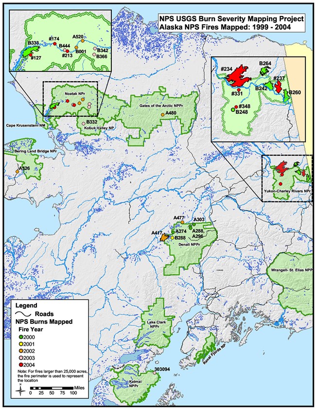 Red, green and gray map of Alaska. Green indicates locations of NPS parklands, red blotches notate fires with most occurring in northeast Alaska and gray is representative of other land matter.