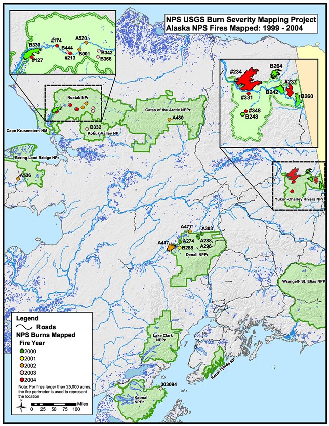 Alaska NPS Fires Mapped 1999-2004 Red, green and gray map of Alaska. Green indicates locations of NPS parklands, red blotches notate fires with most occurring in northeast Alaska and gray is representative of other land matter.