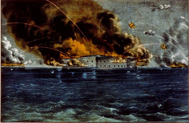 Fort Sumter aflame with Confederate artillery fire arcing through the air towards the fort