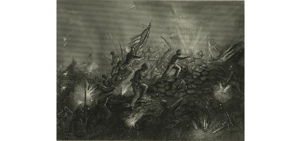 Print of the MA 54th attacking Fort Wagner surrounded by gunfire.