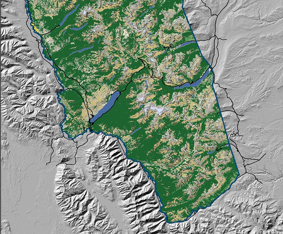 color GIS map showing green and yellow vegetated areas, blue lake areas, black road lines and topographical shading